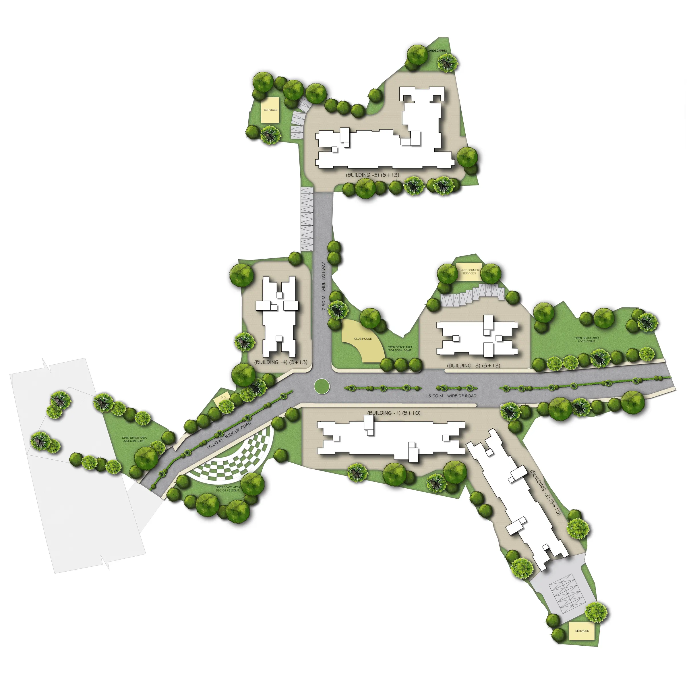 Rendered 2D site plan with landscaped grounds, roads and building footprints