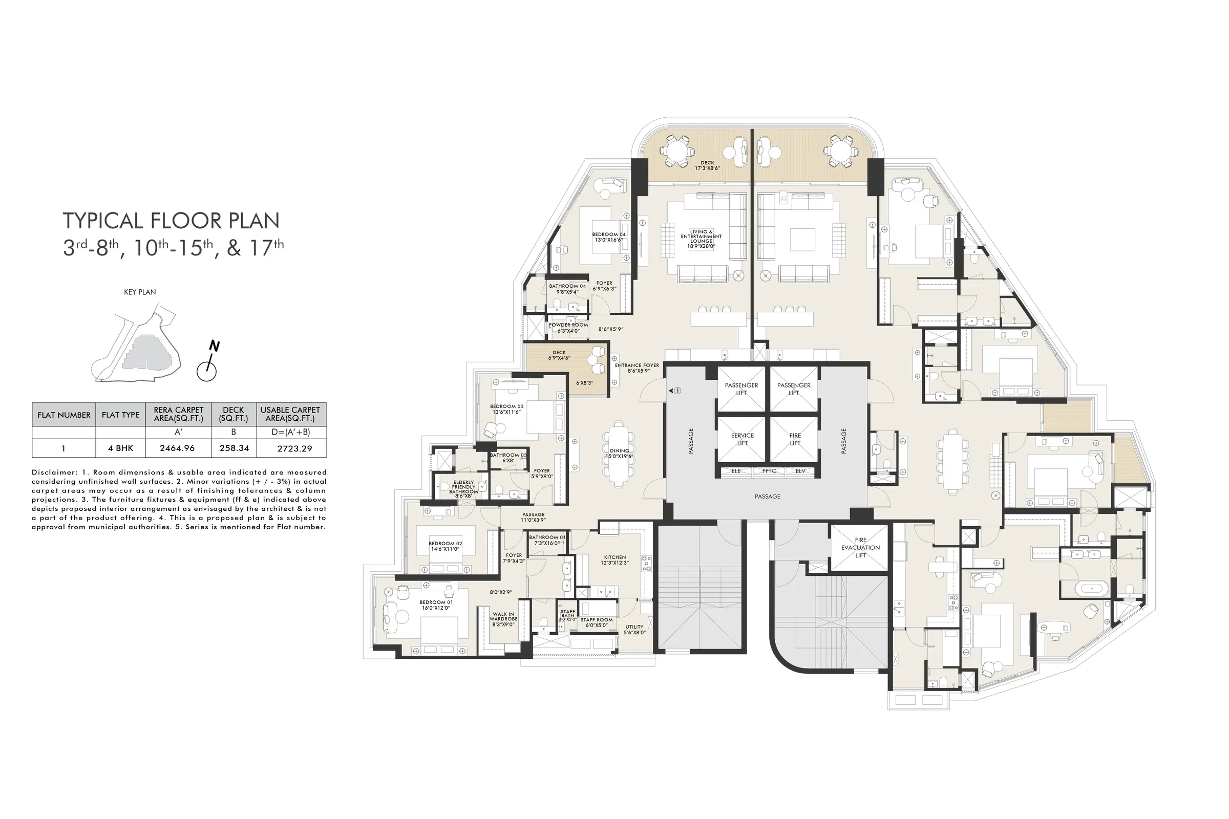 Rendered 2D typical floor plan of a residential tower with furnished apartments