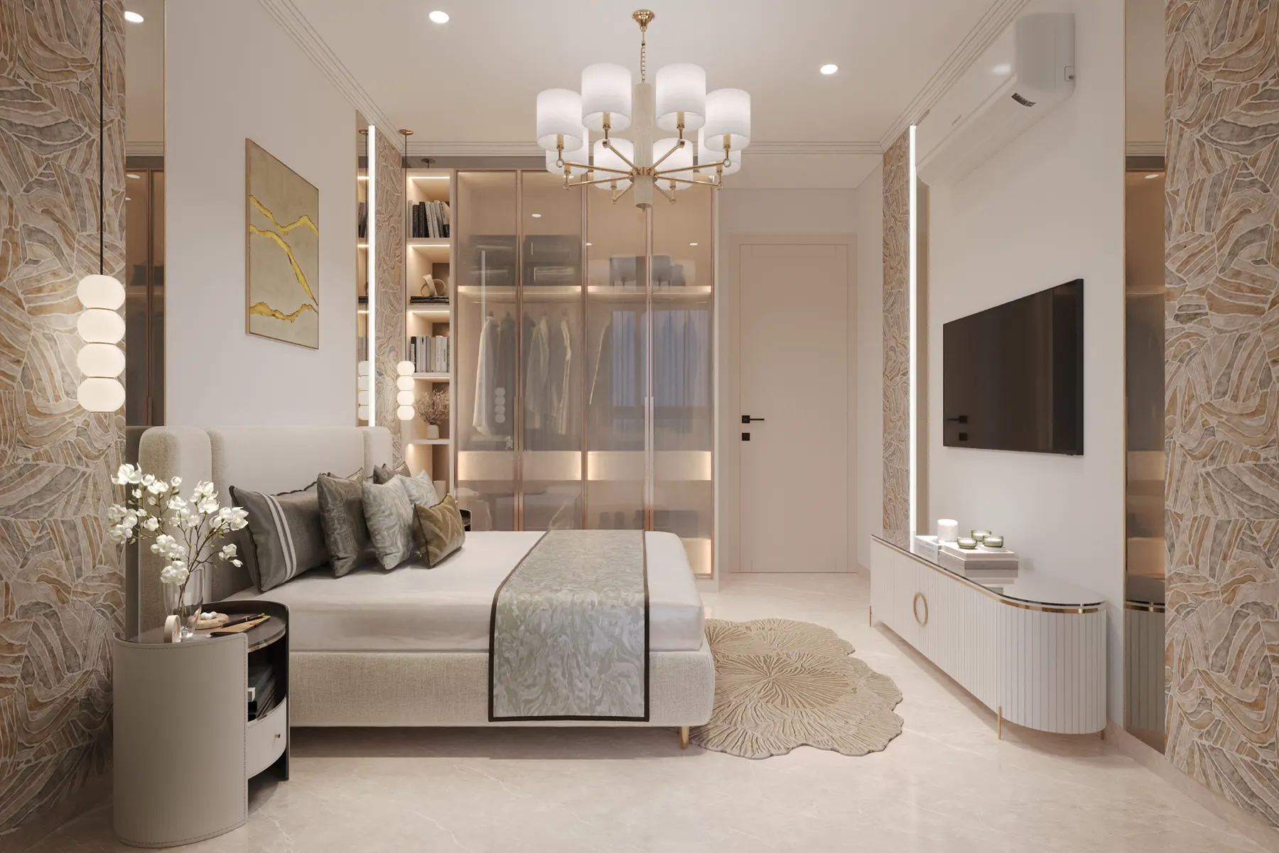 Apartment guest bedroom with a chandelier, TV wall and fluted wardrobe