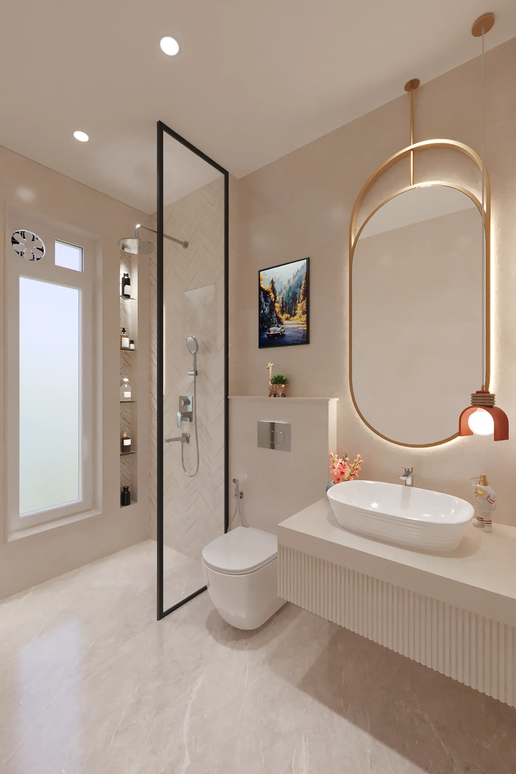 Kids' bathroom with a glass shower, vessel basin and oval brass mirror