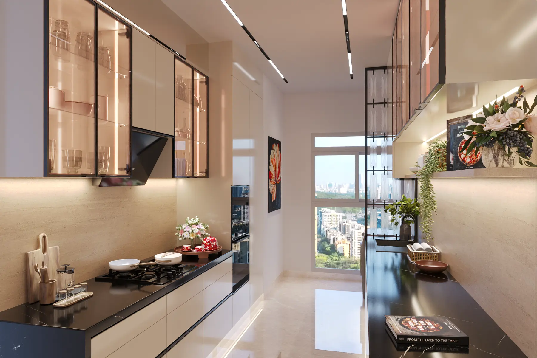 Apartment kitchen with glass-fronted upper cabinets and a window at the far end