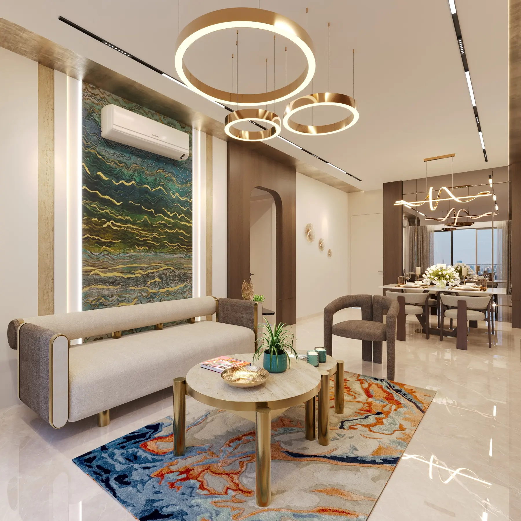 Apartment living and dining room with a large art wall and ring chandeliers