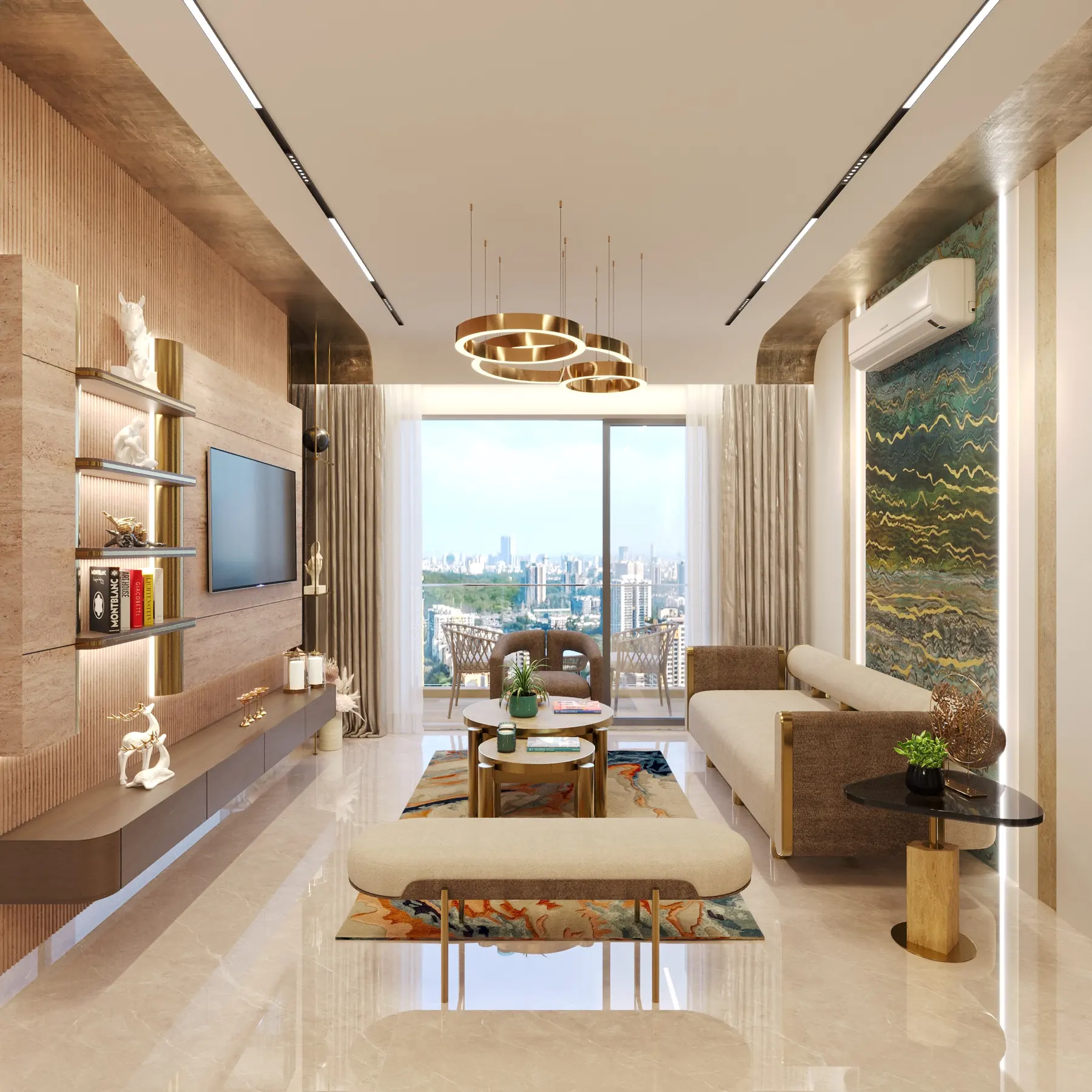 360° Walkthrough preview: apartment living room with a tv wall, ring pendant lights and a balcony view