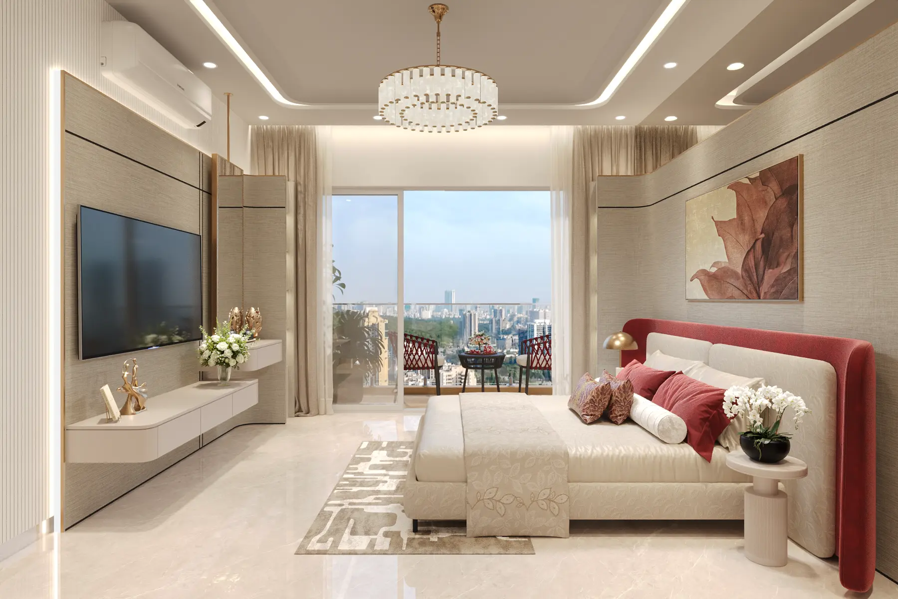 Apartment master bedroom with a red upholstered bed, crystal chandelier and city balcony