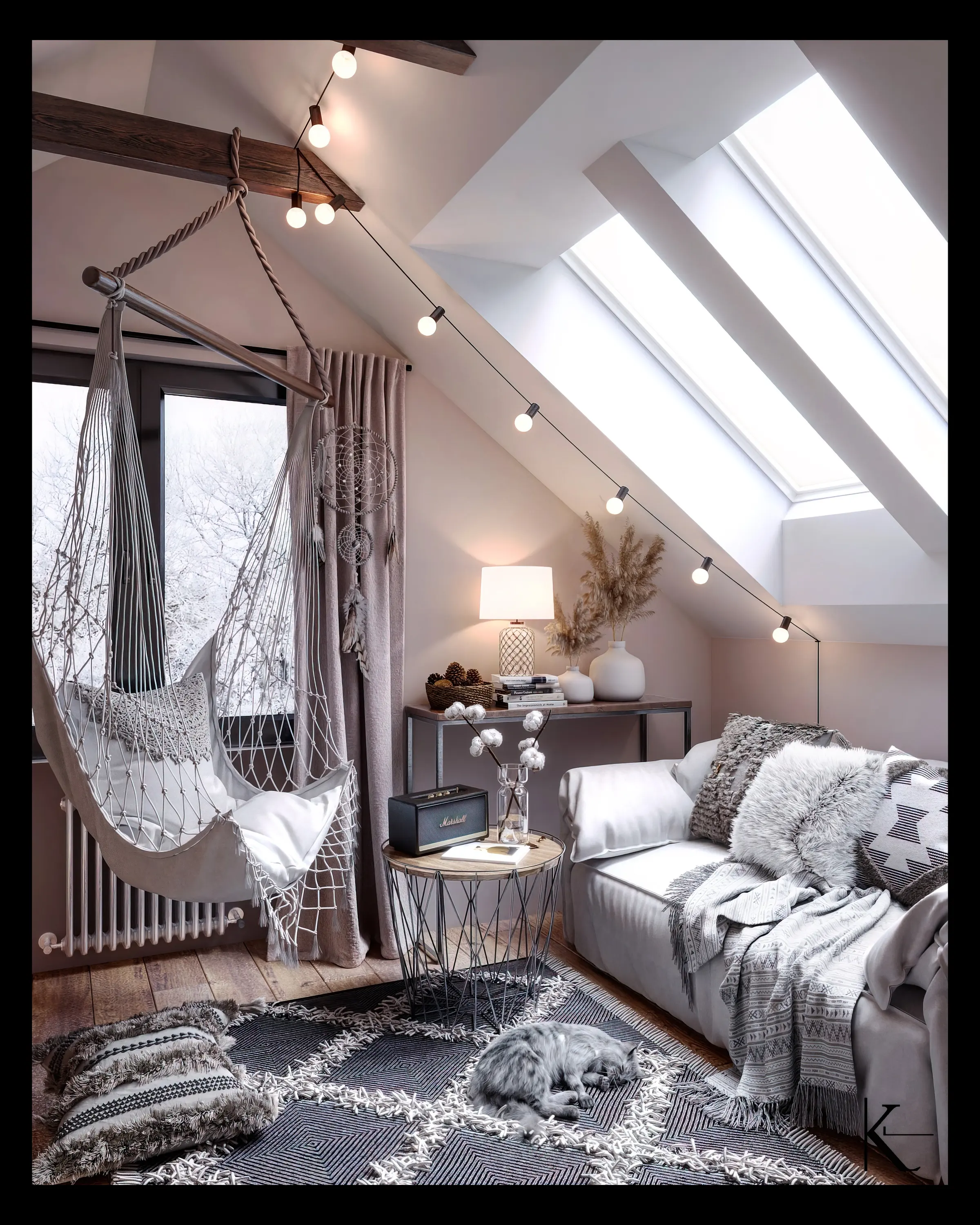 Attic bedroom with skylights, a hanging chair and layered grey textiles