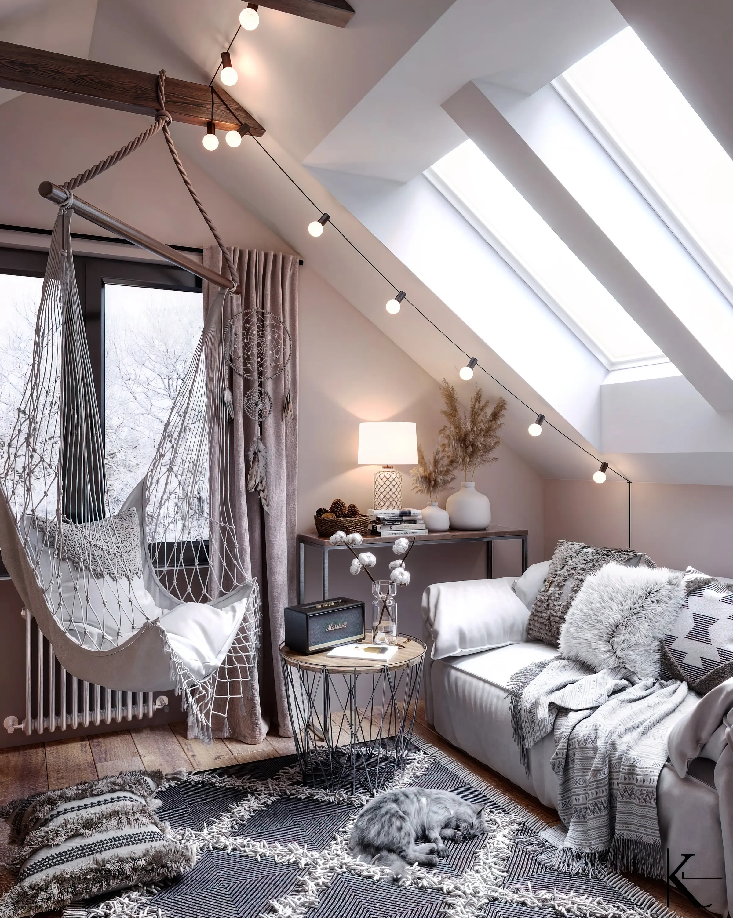 Attic bedroom with skylights, a hanging chair and layered grey textiles