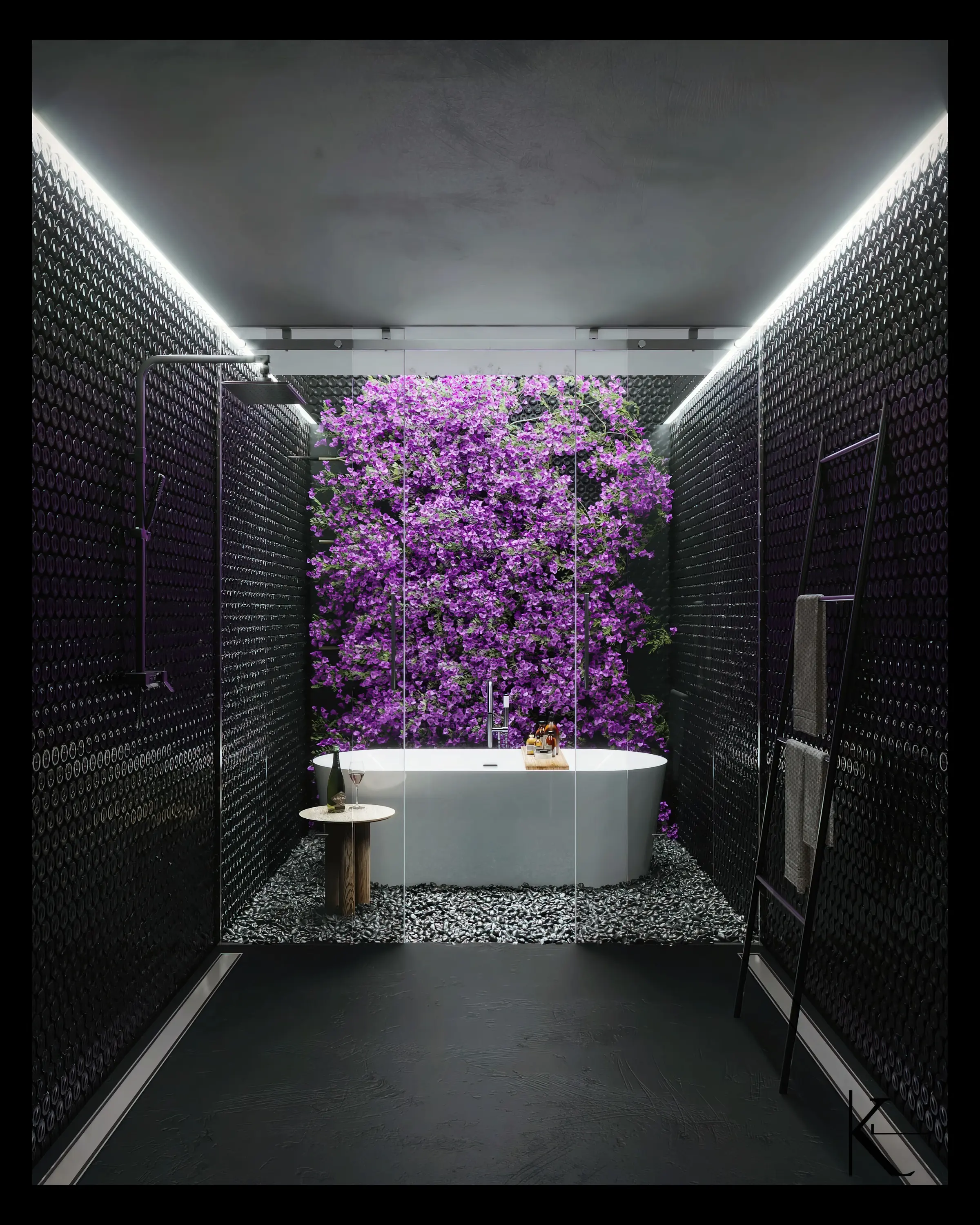 Black-tiled bathroom with a freestanding tub in front of a bougainvillea wall