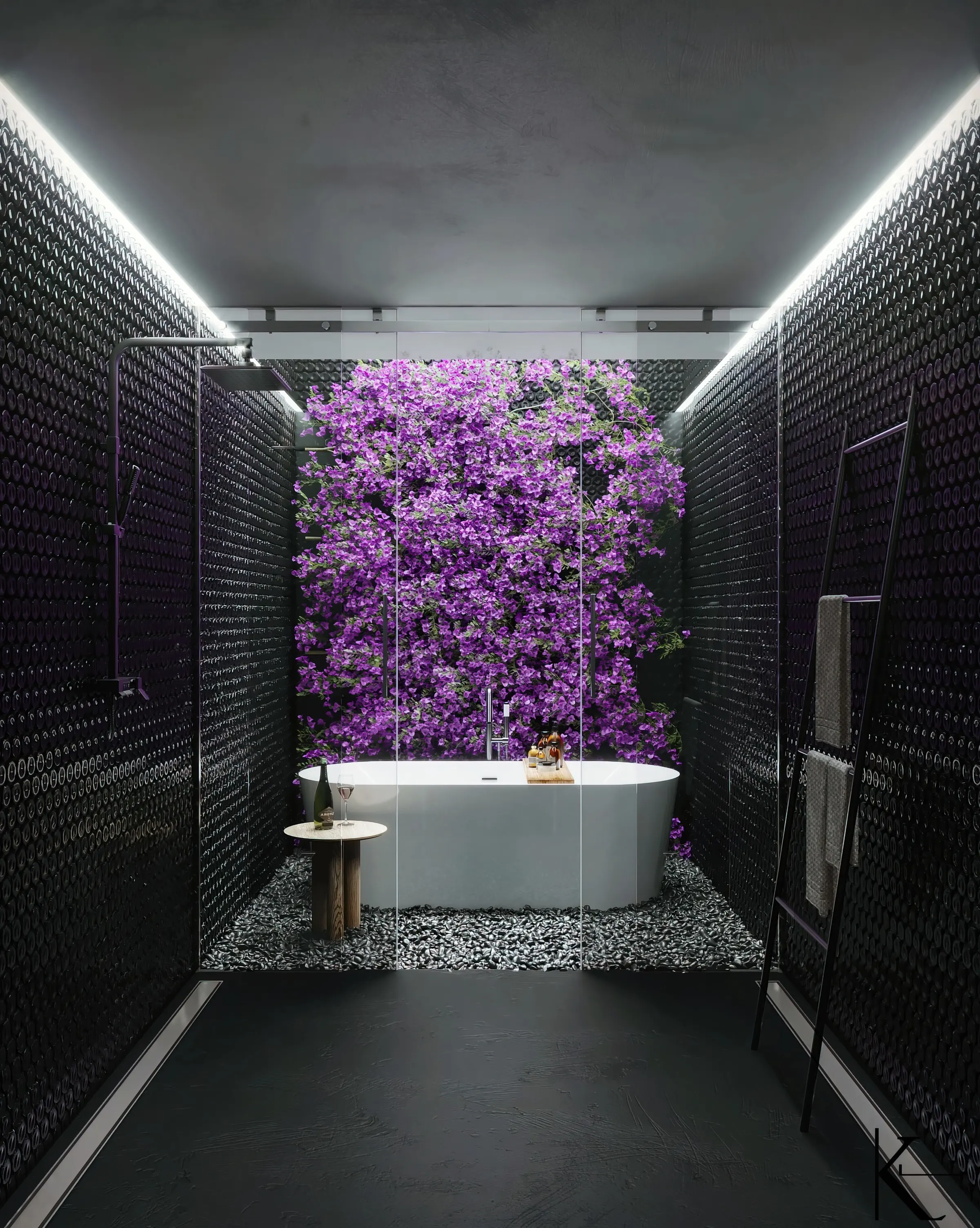 Black-tiled bathroom with a freestanding tub in front of a bougainvillea wall