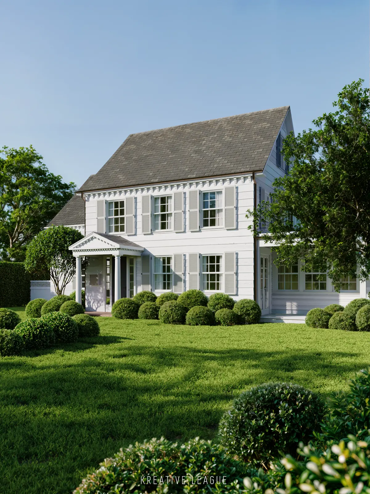 Classical two-storey house with shuttered windows and clipped hedges on a lawn