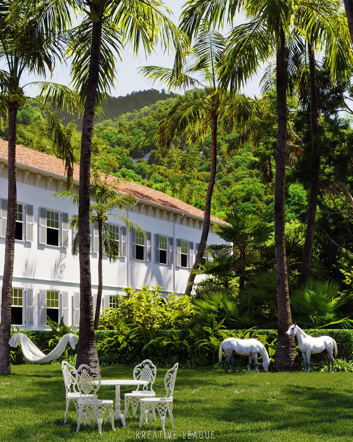 White colonial-style resort building on a palm-shaded lawn with garden seating