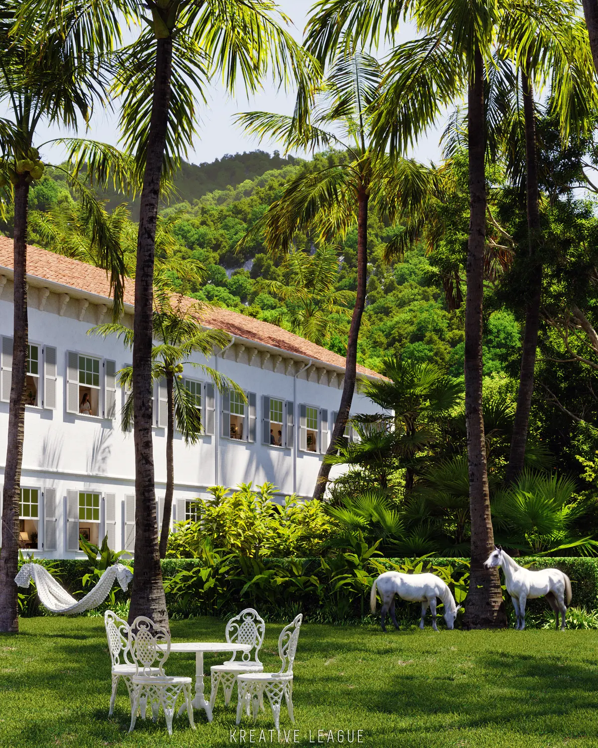 White colonial-style resort building on a palm-shaded lawn with garden seating