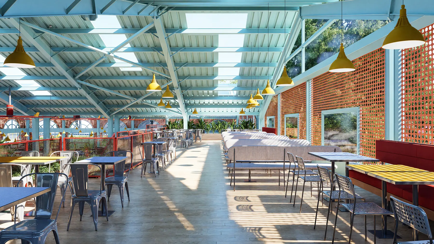 Dining pavilion with a skylit steel roof, brick screen wall and café tables