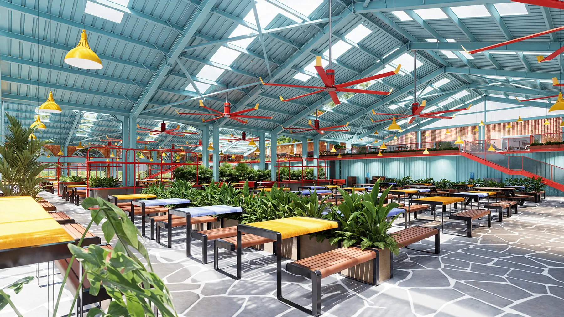 Dining pavilion with an exposed blue steel roof structure, communal tables and planting