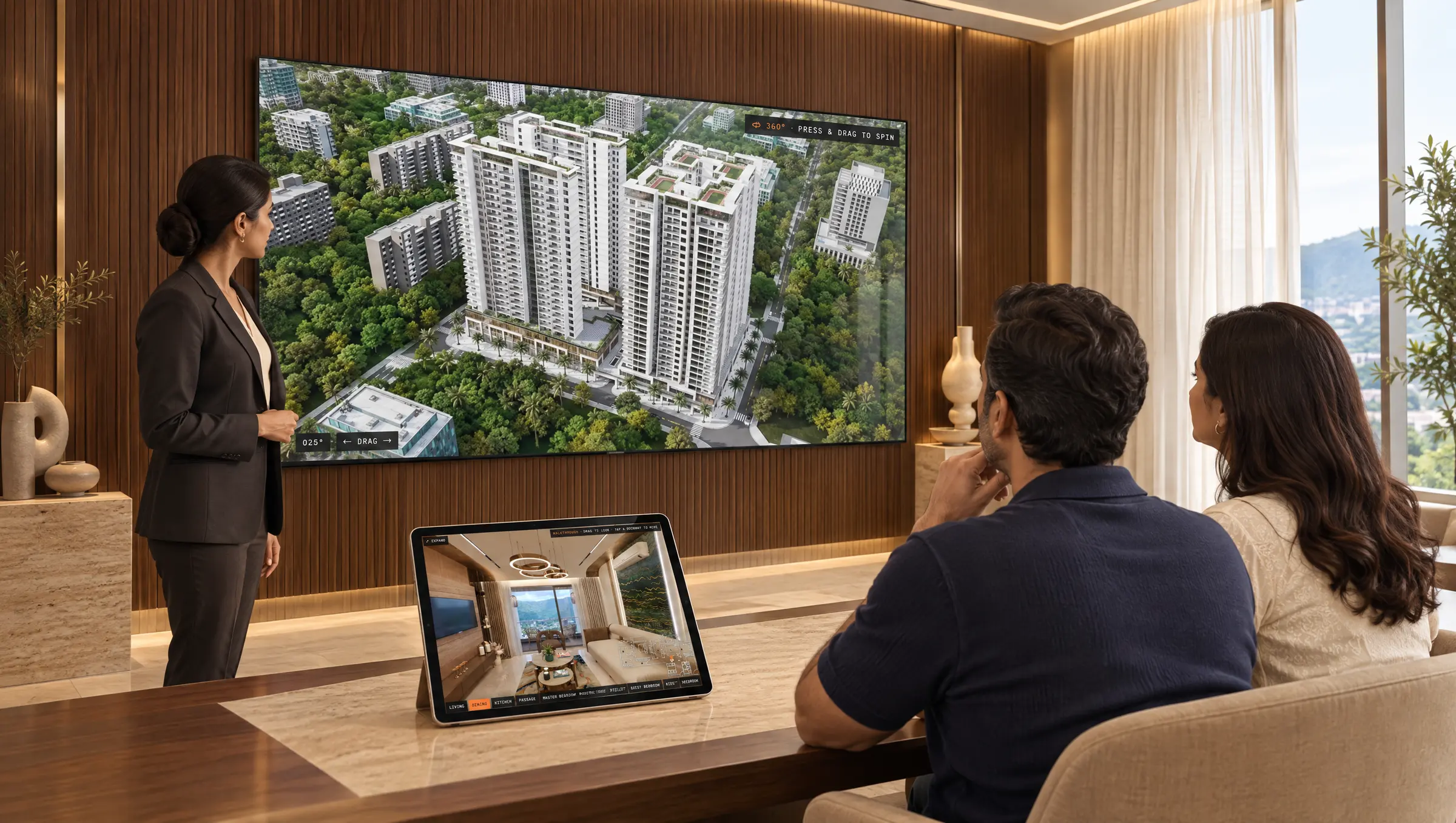 A sales gallery presentation: the residential towers turning on a wall screen while buyers explore the apartment walkthrough on a tablet