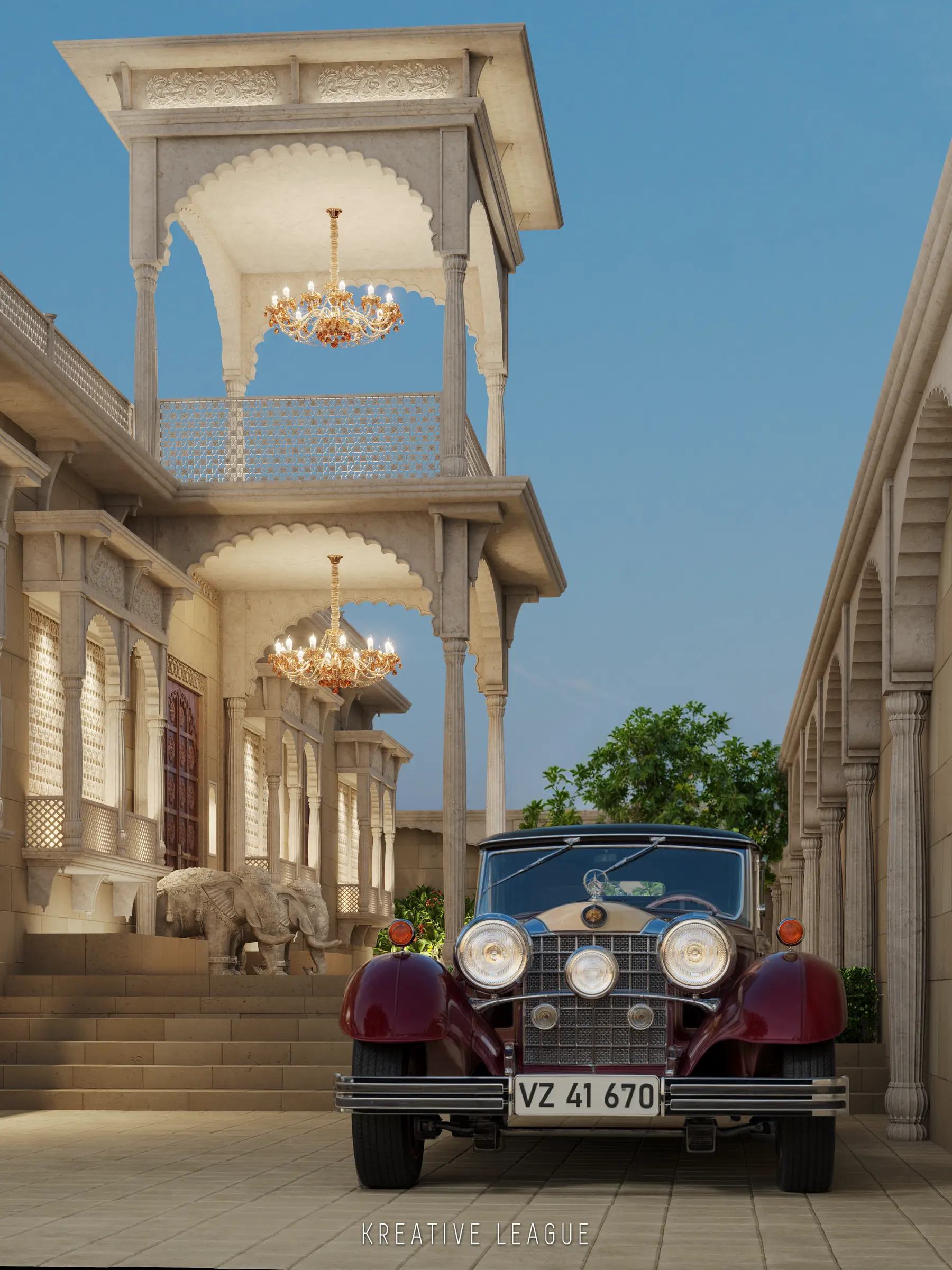 Heritage palace hotel entrance porch with chandeliers and a vintage car at the steps