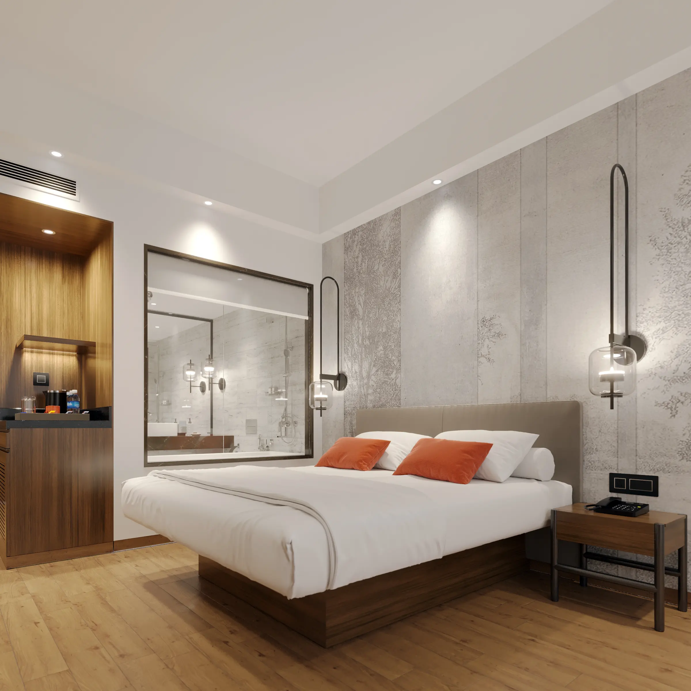 Hotel guest room in evening light with a king bed and wall-mounted lamps