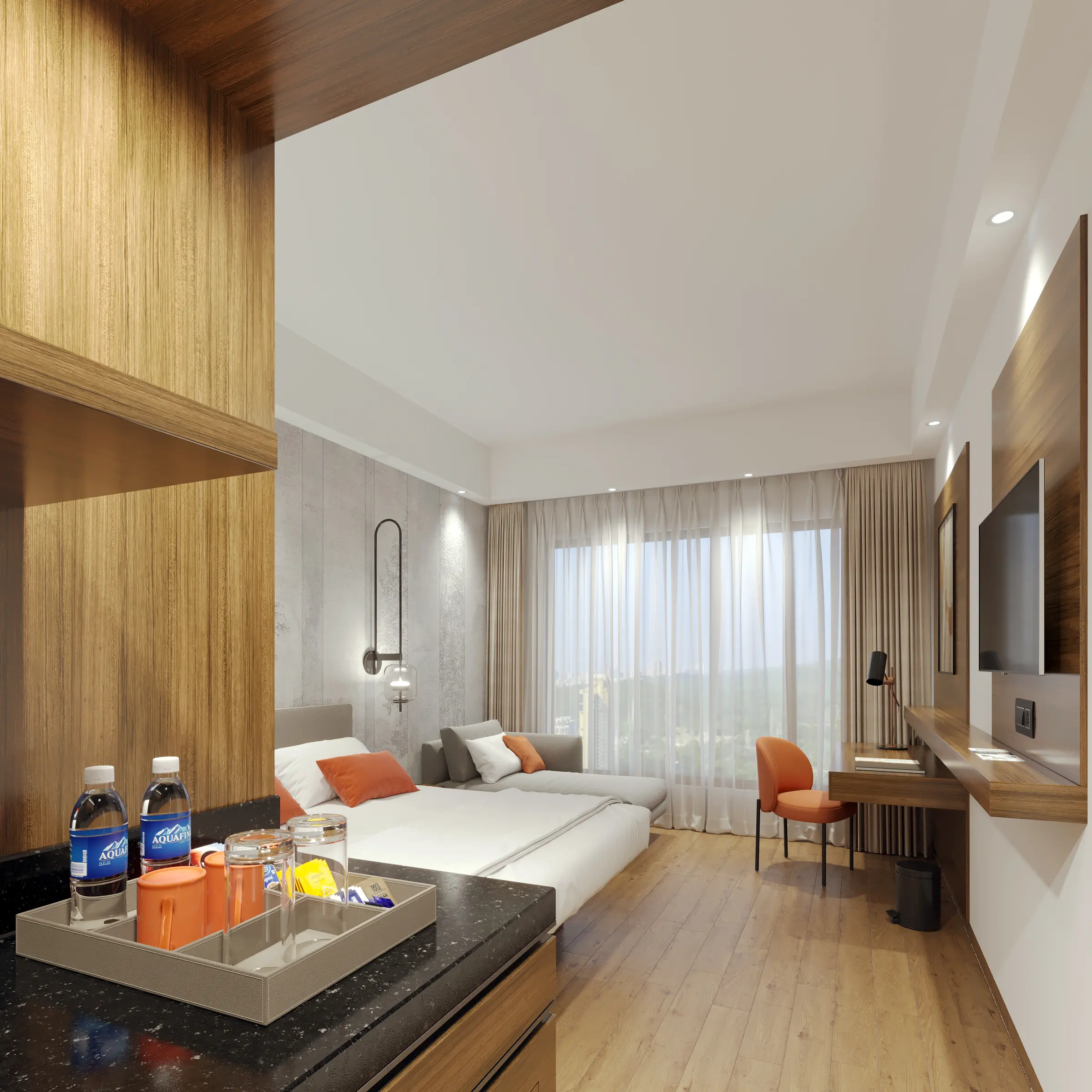 Daylit hotel room with timber panelling, a lounge bed and a work desk