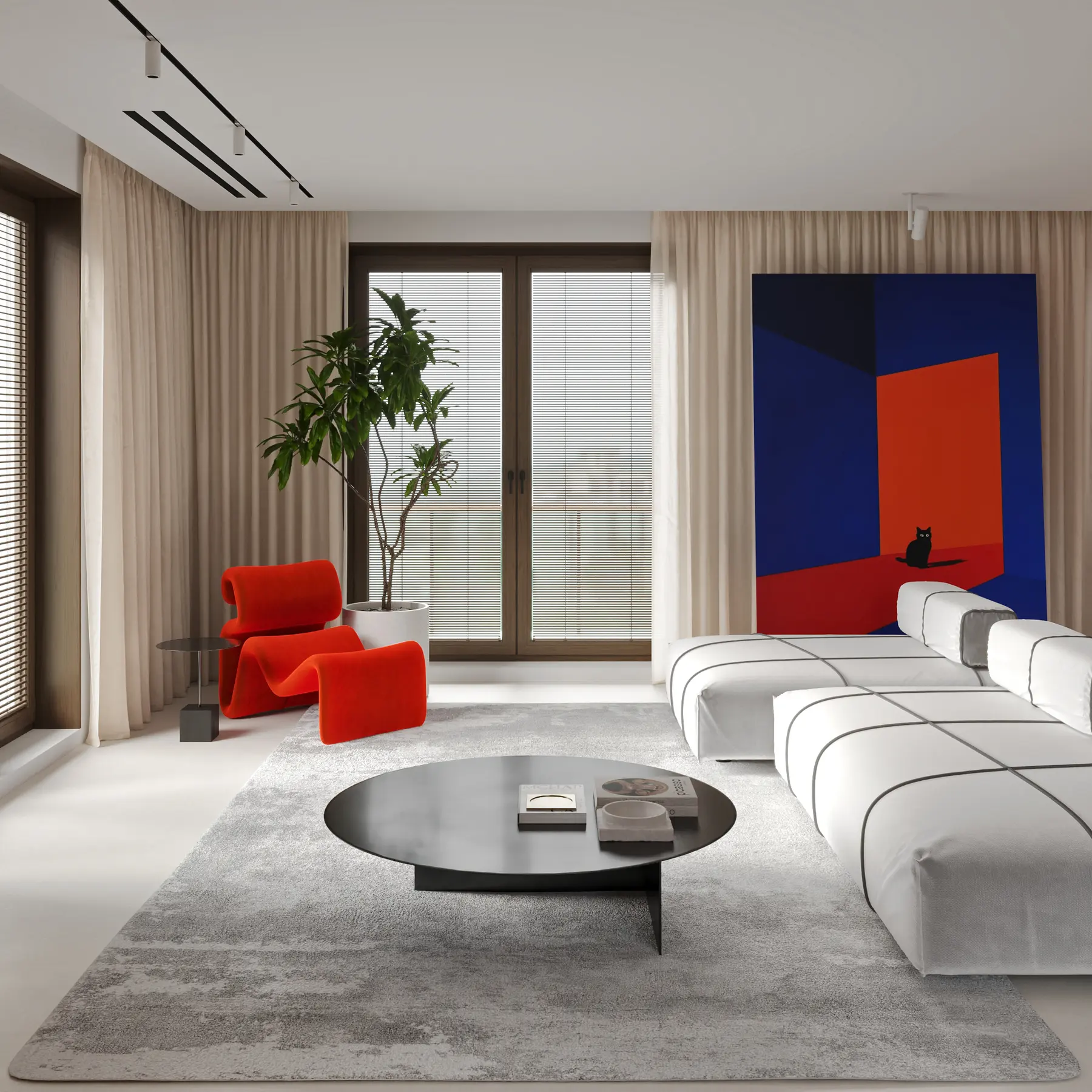 Bright living room with a red lounge chair, white sofa and a bold abstract painting