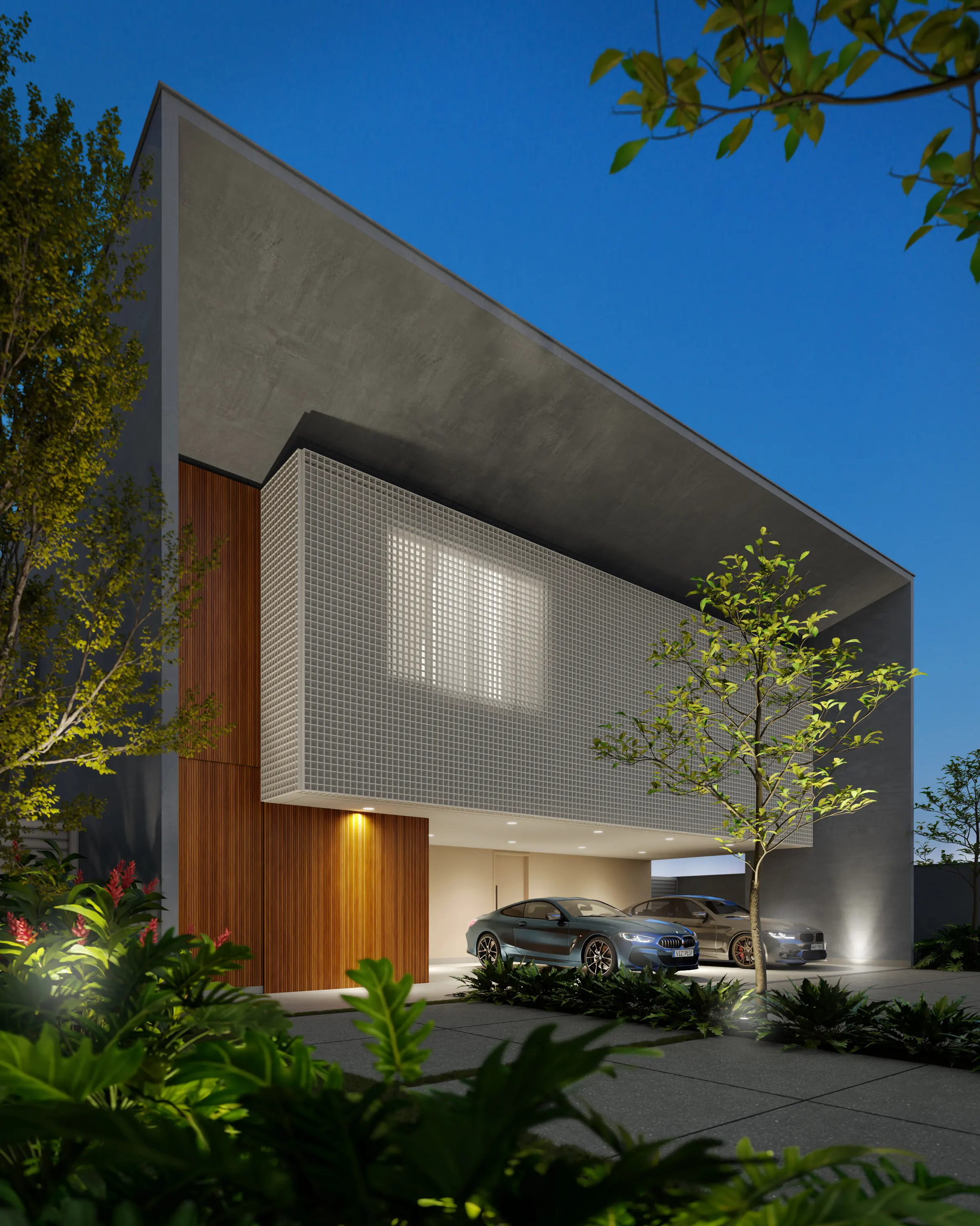 Modern villa with a cantilevered concrete facade and timber carport under a clear sky