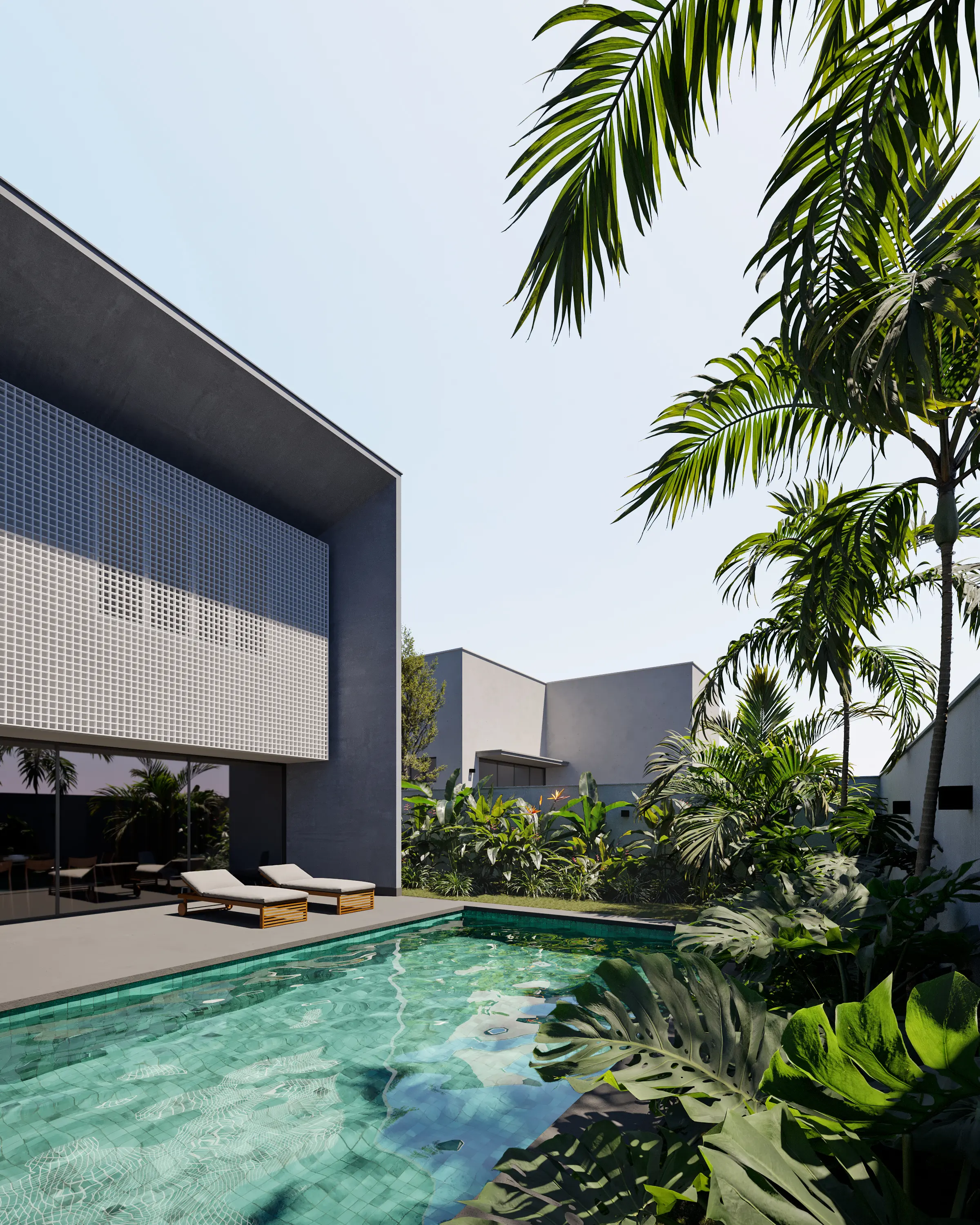Modern villa pool court framed by palms and a louvred facade