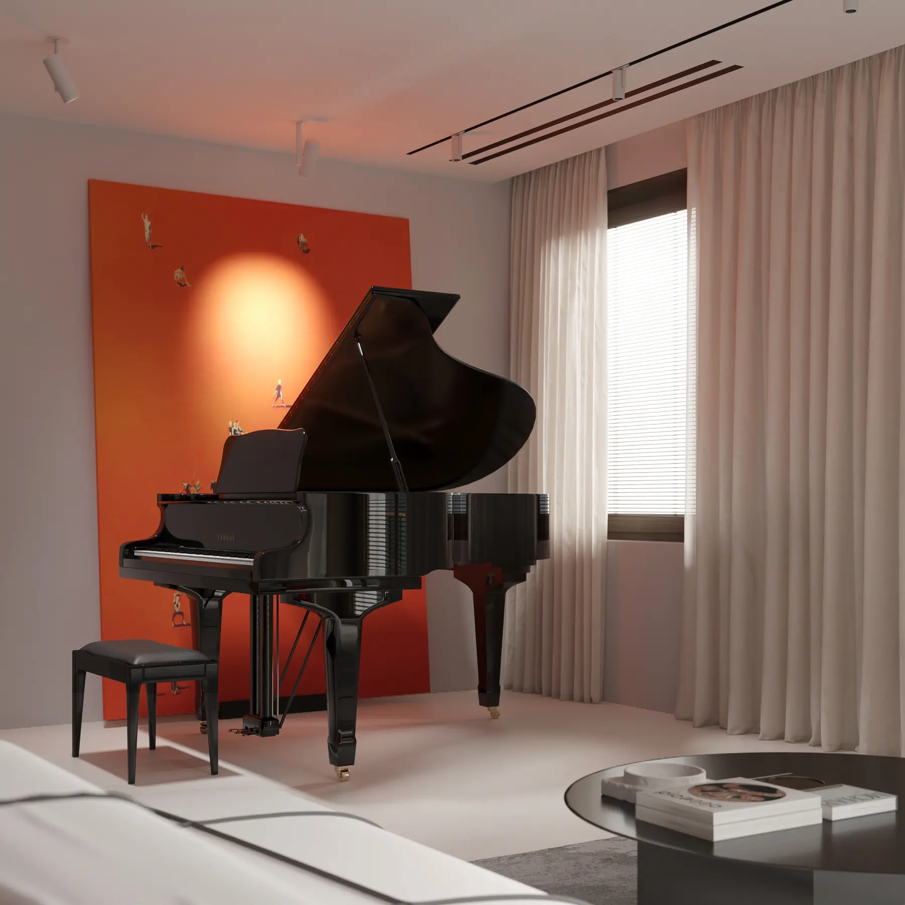 Music room with a black grand piano in front of an orange feature wall