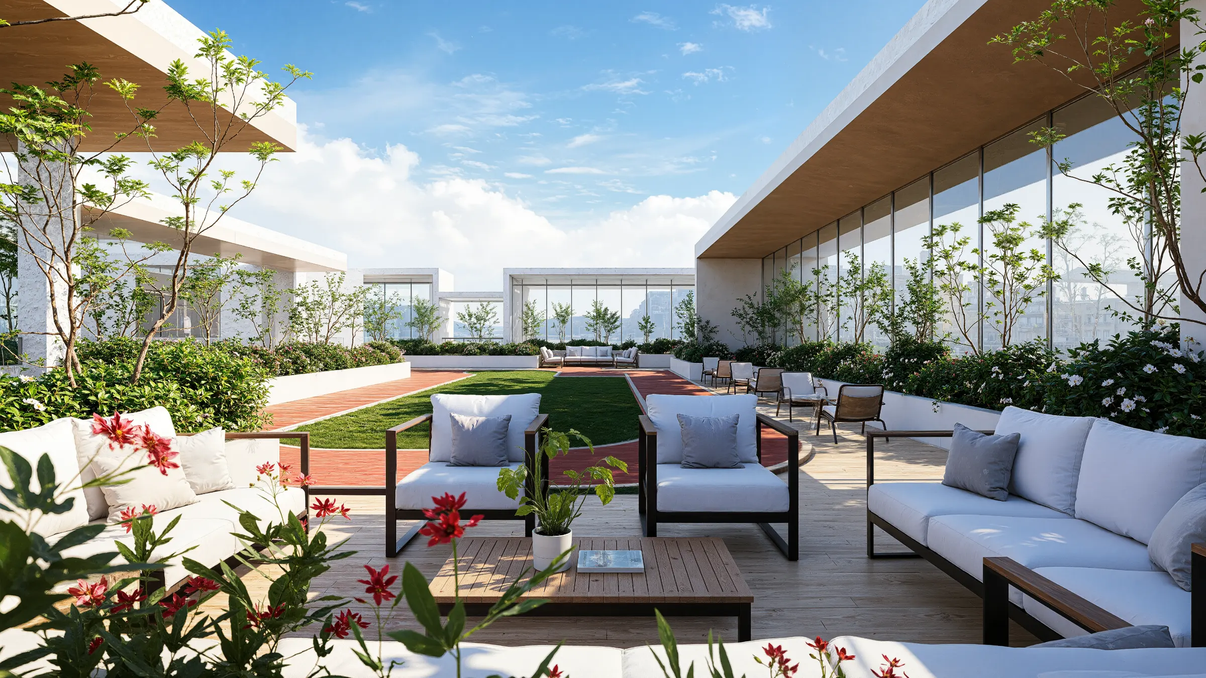 Landscaped podium amenity deck with lounge seating and a lawn
