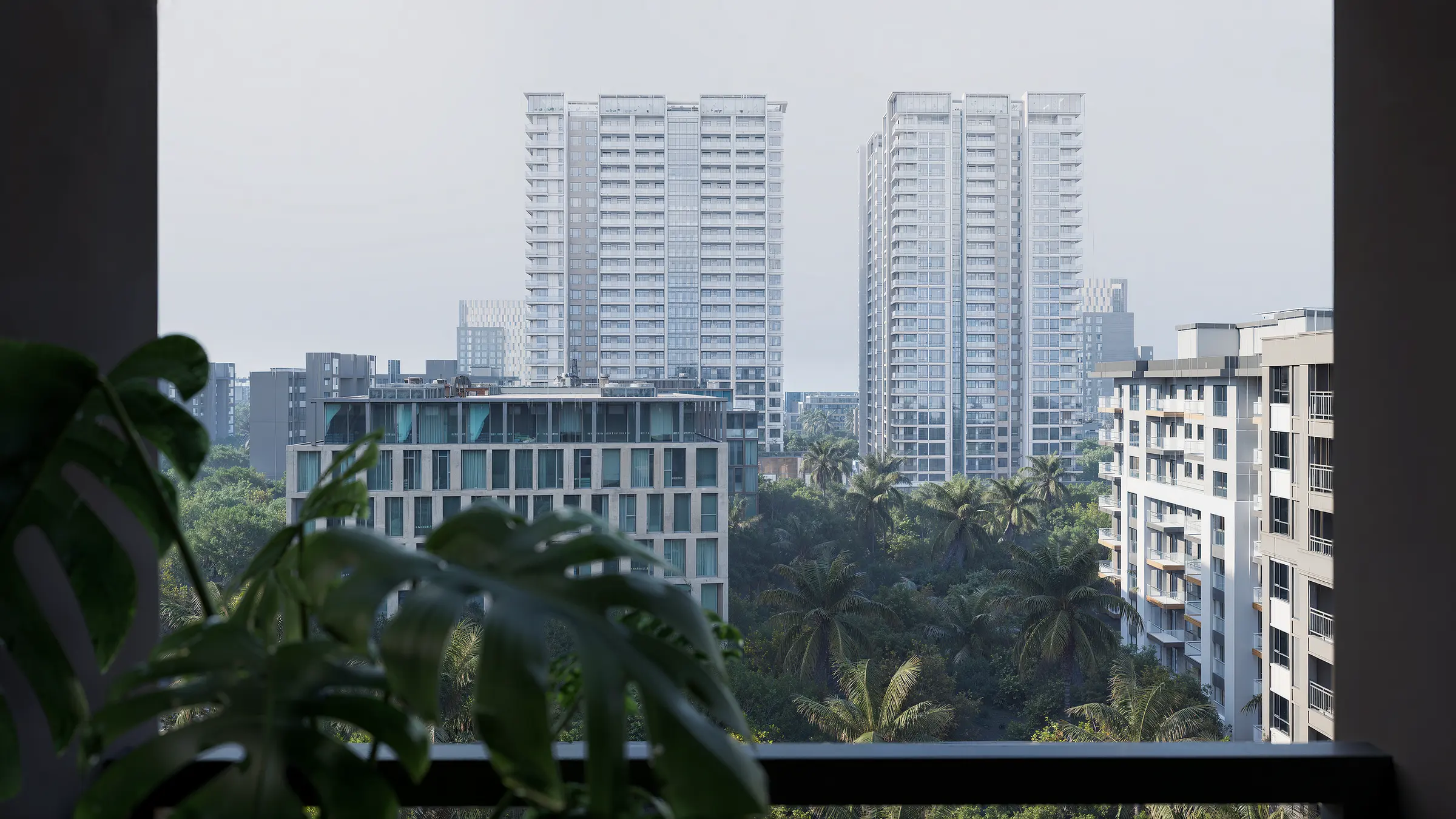 Twin residential towers seen from a neighbouring balcony through planting