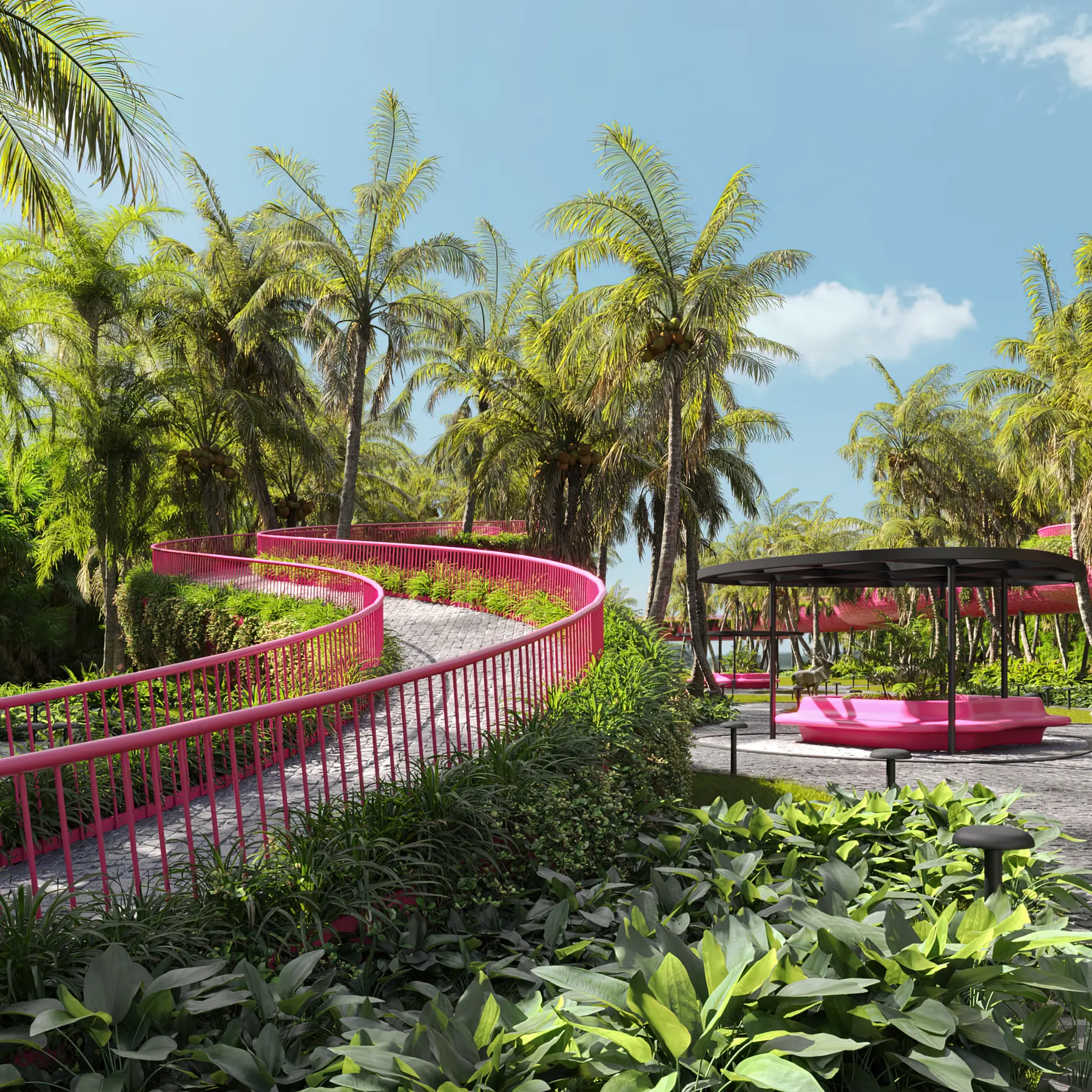 Elevated pink-railed walkway winding through tropical planting at a resort