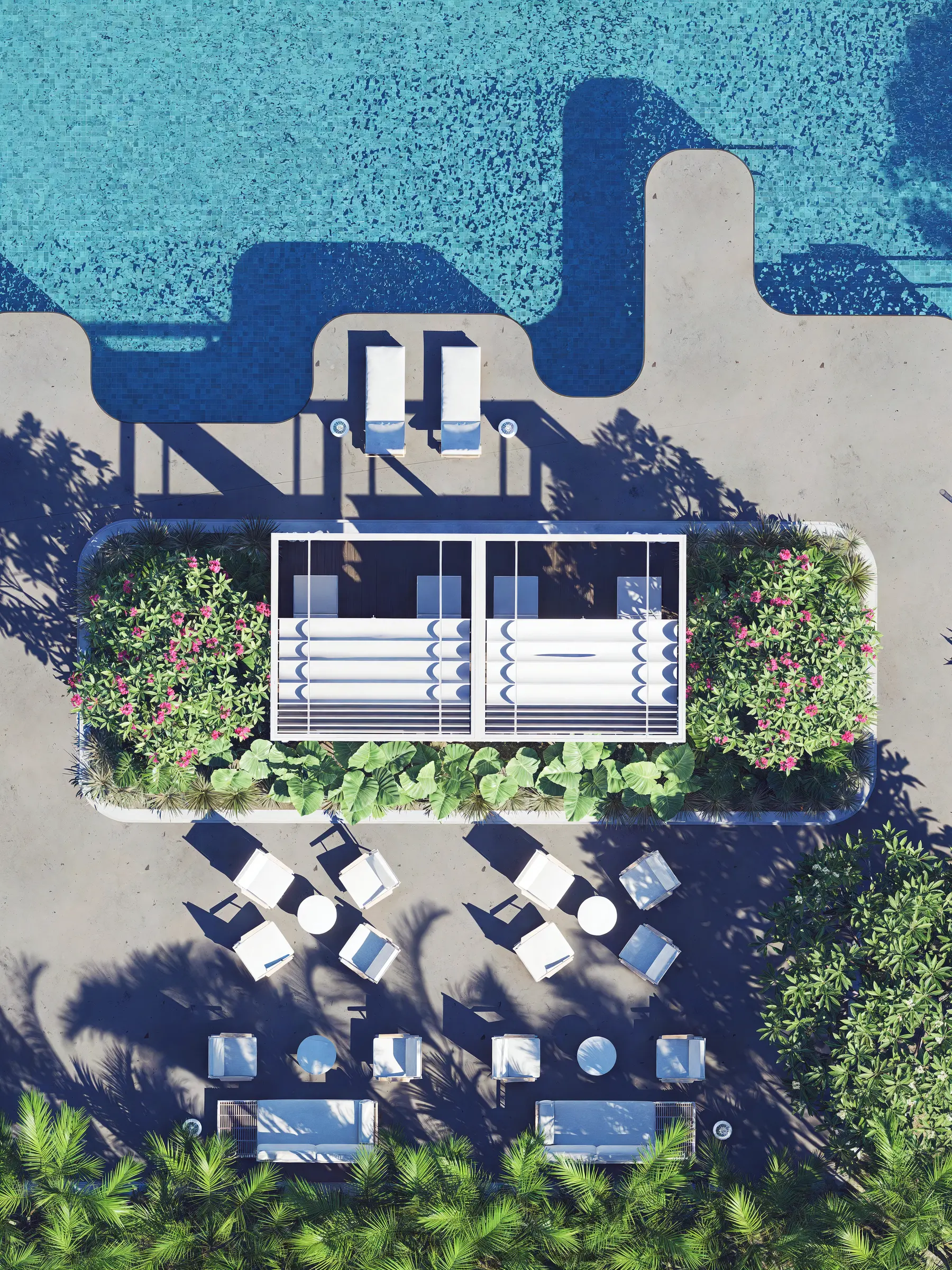 Top-down rendered landscape masterplan of a resort pool deck and gardens