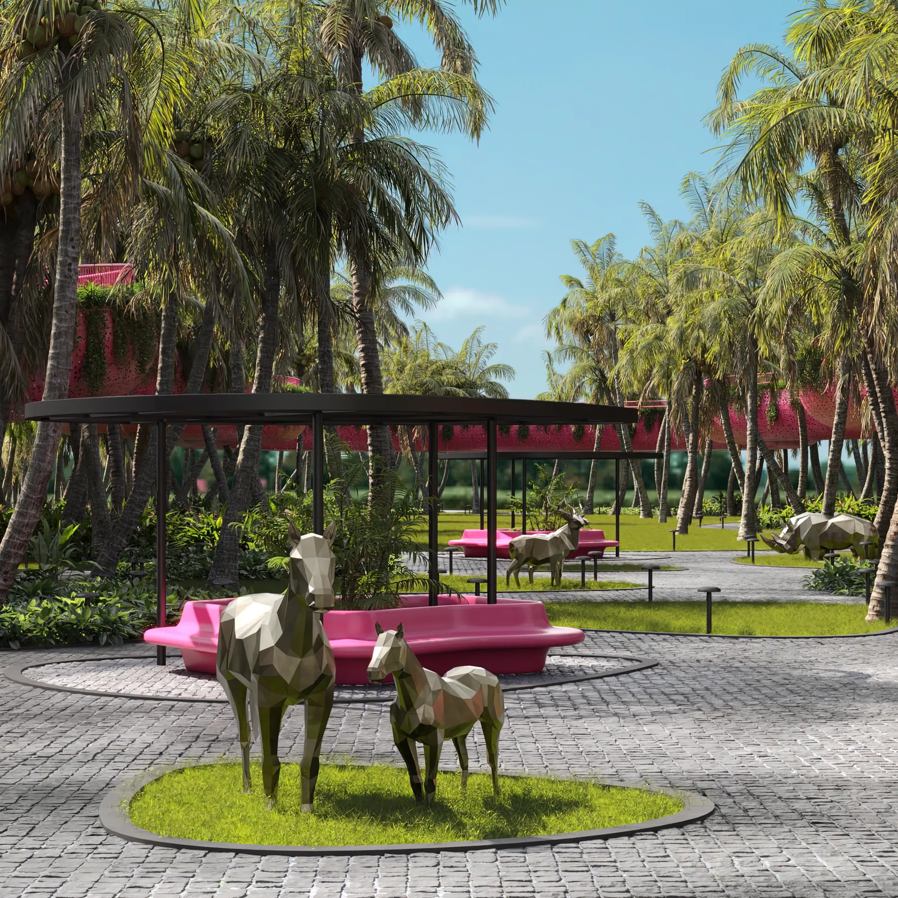 Shaded resort court with a steel pergola, pink seating and sculptures among palms