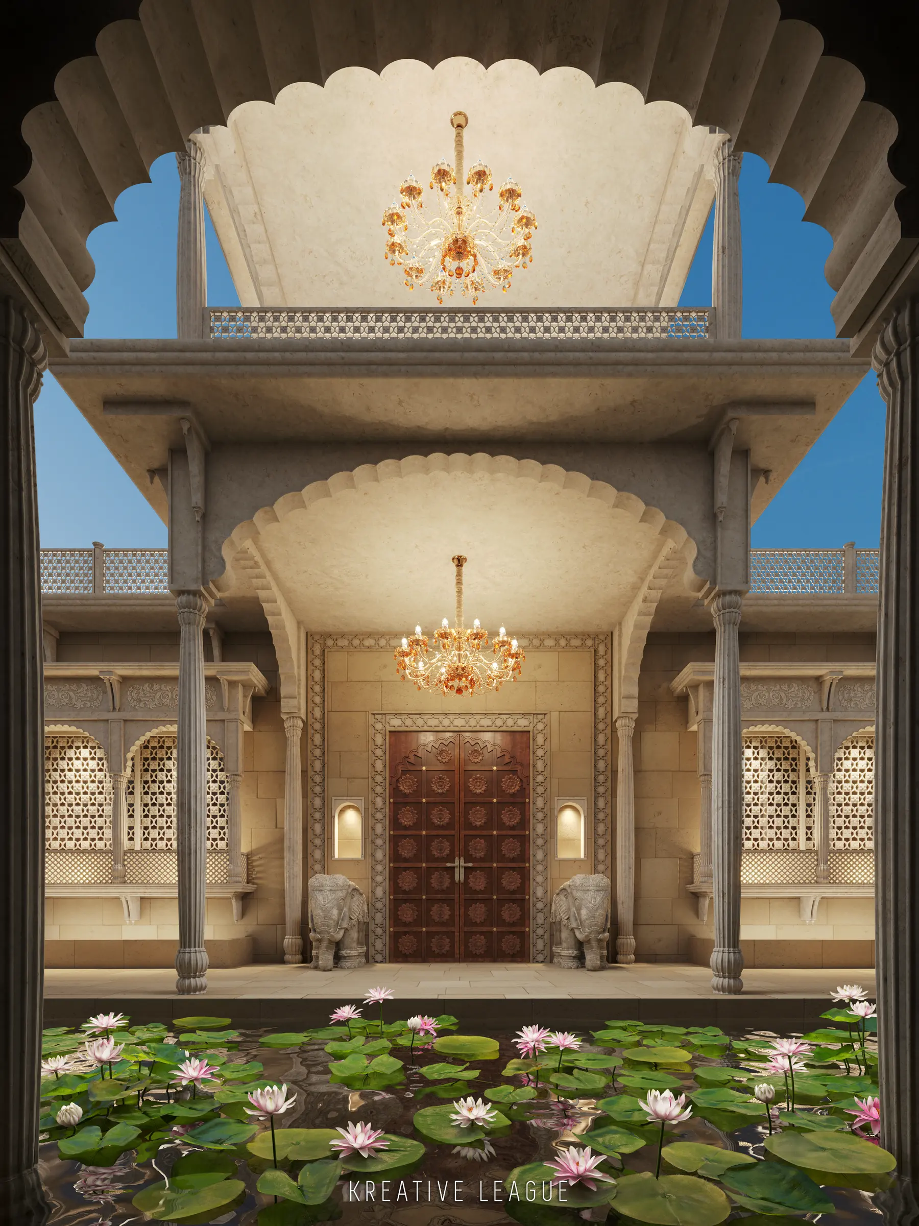 Restored heritage palace courtyard with carved arches, a chandelier and a lily pond