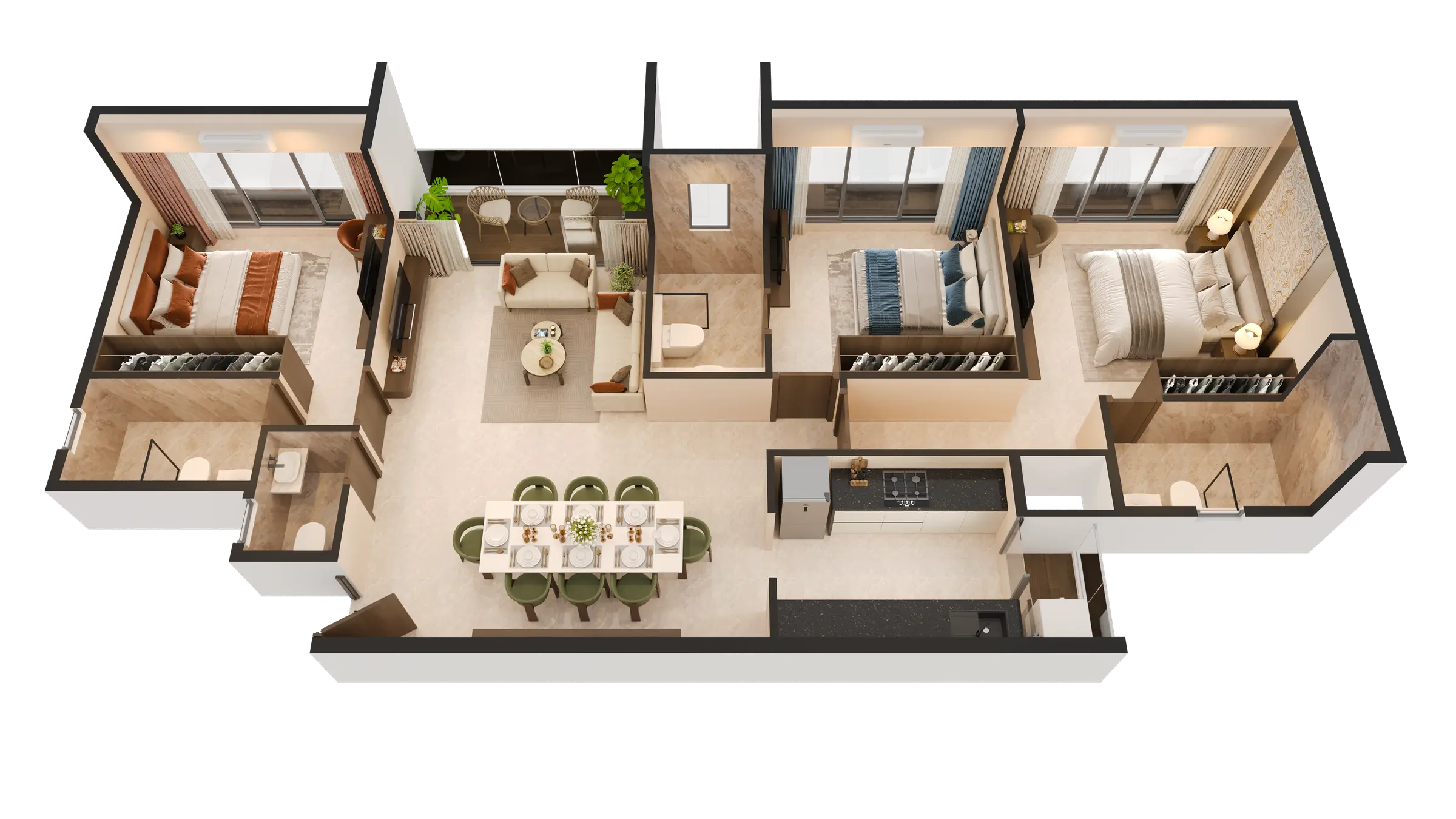 3D isometric floor plan of a three-bedroom apartment (Type A) showing living room, dining, kitchen, bedrooms and balcony
