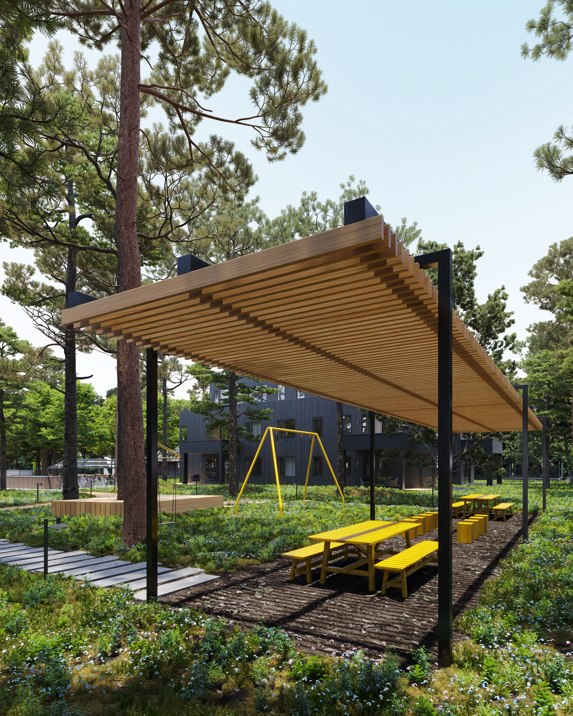 Timber shade pavilion over a picnic court in a wooded campus landscape