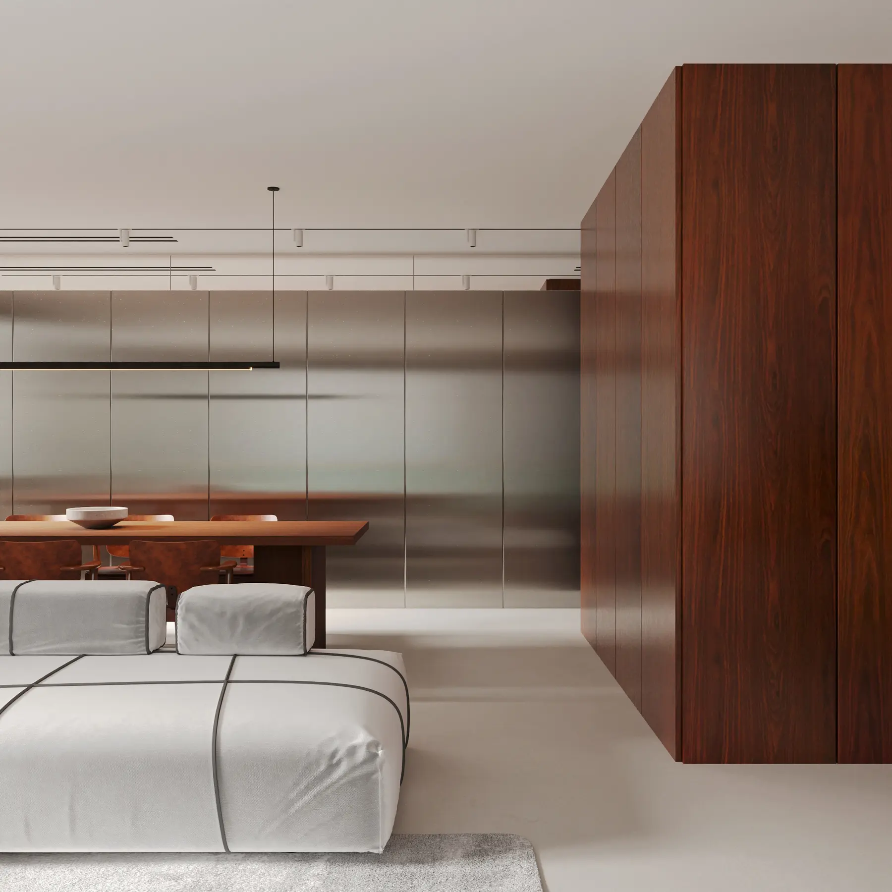 Minimal living room with a walnut wall unit, dining table and white modular sofa