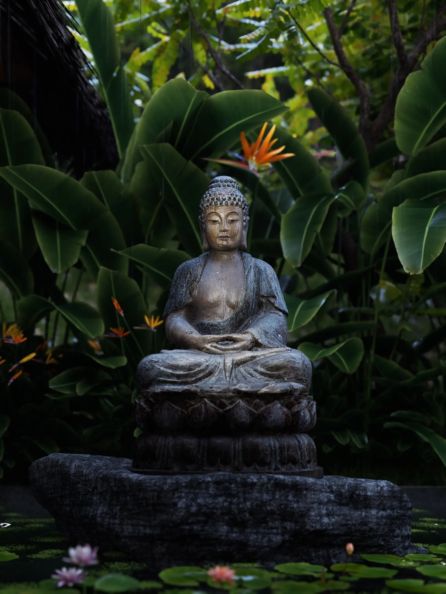 Stone Buddha statue in a tropical water garden in the rain