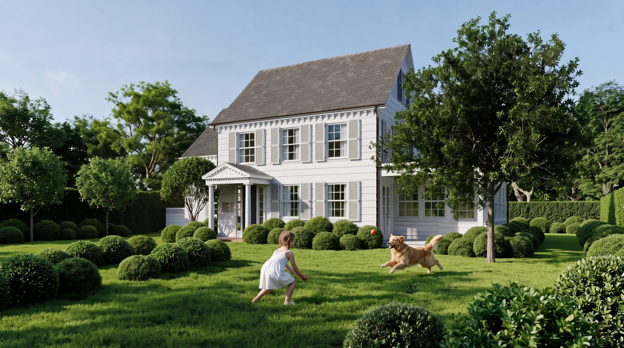 White clapboard villa with a portico and clipped hedges, a girl and a dog playing on the lawn
