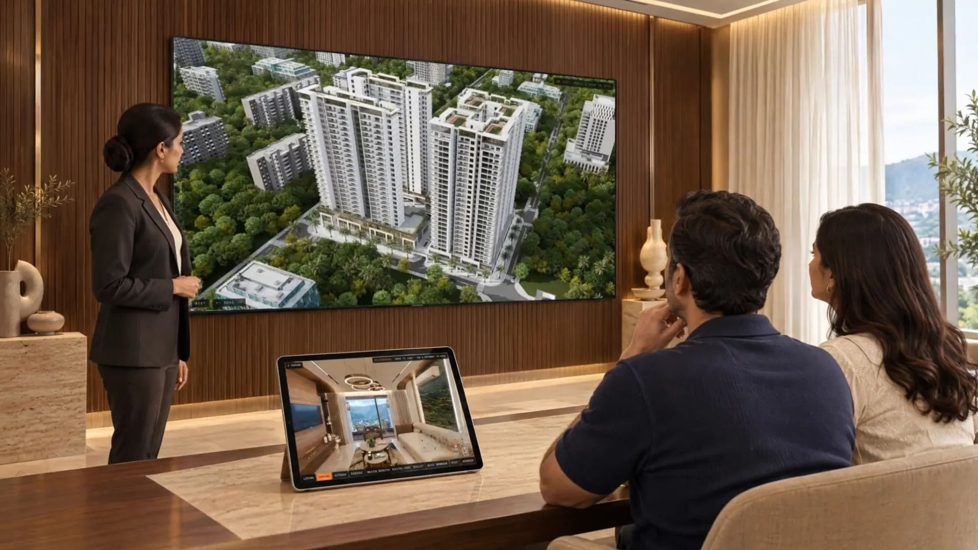 A sales gallery with the project on a wall display and a tablet